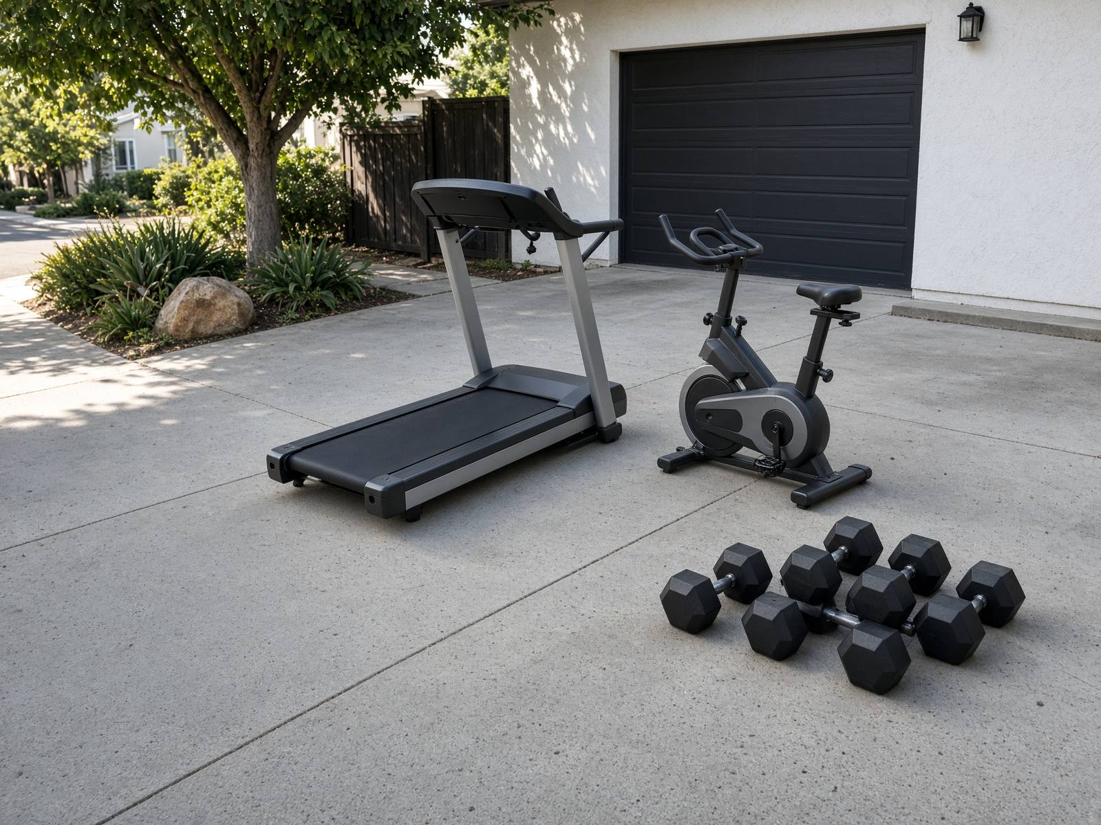 Treadmill, exercise bike, and weights on a driveway for gym equipment removal