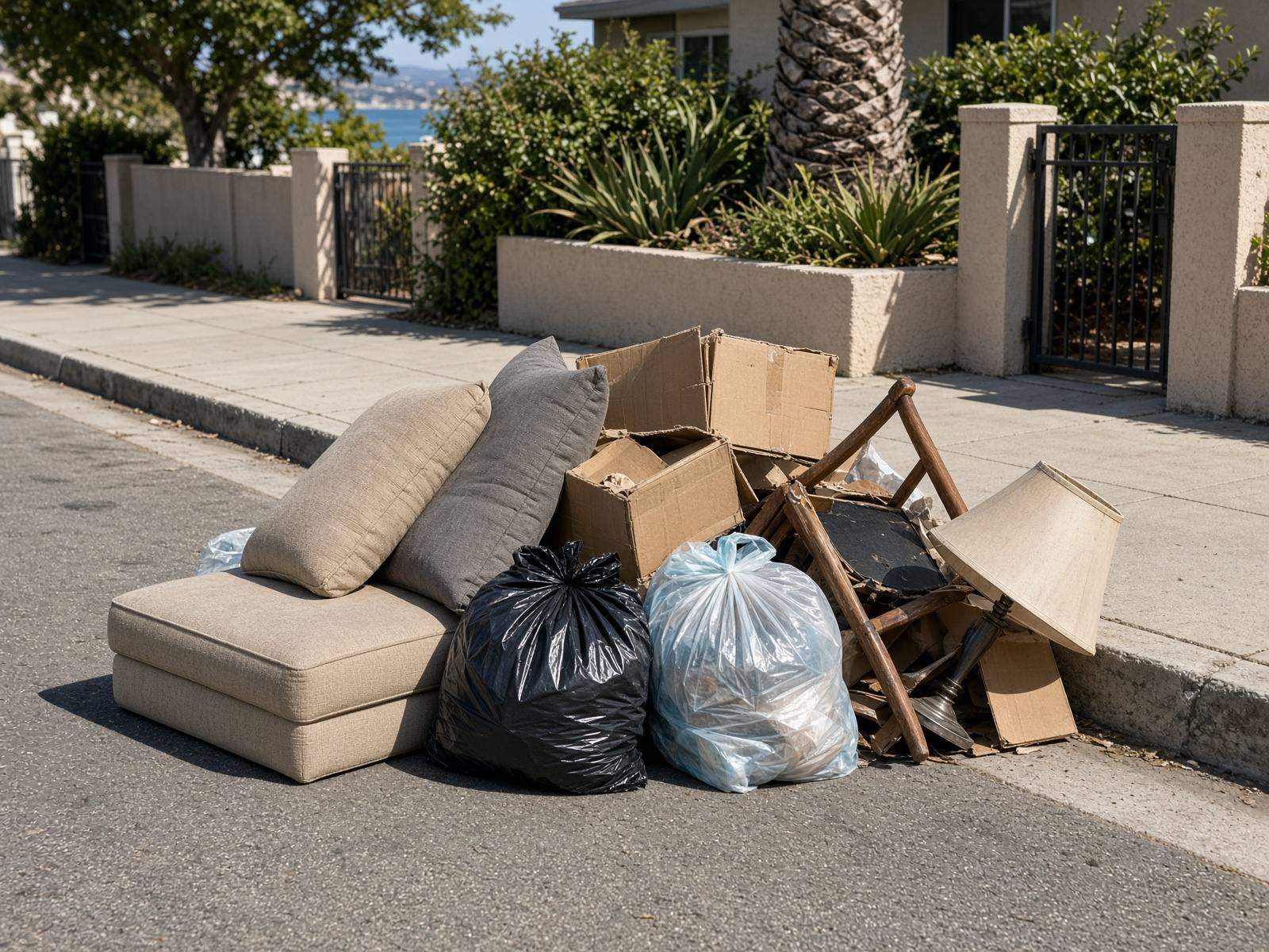 Mixed household junk piled at a San Diego curb for Fred's Junk Removal pickup